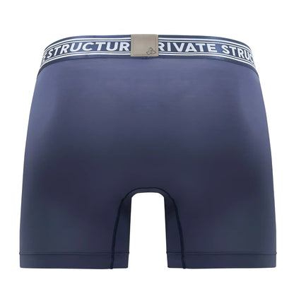 Navy blue private structure bamboo mid waist boxer briefs with white and black striped waistband and beige logo patch
