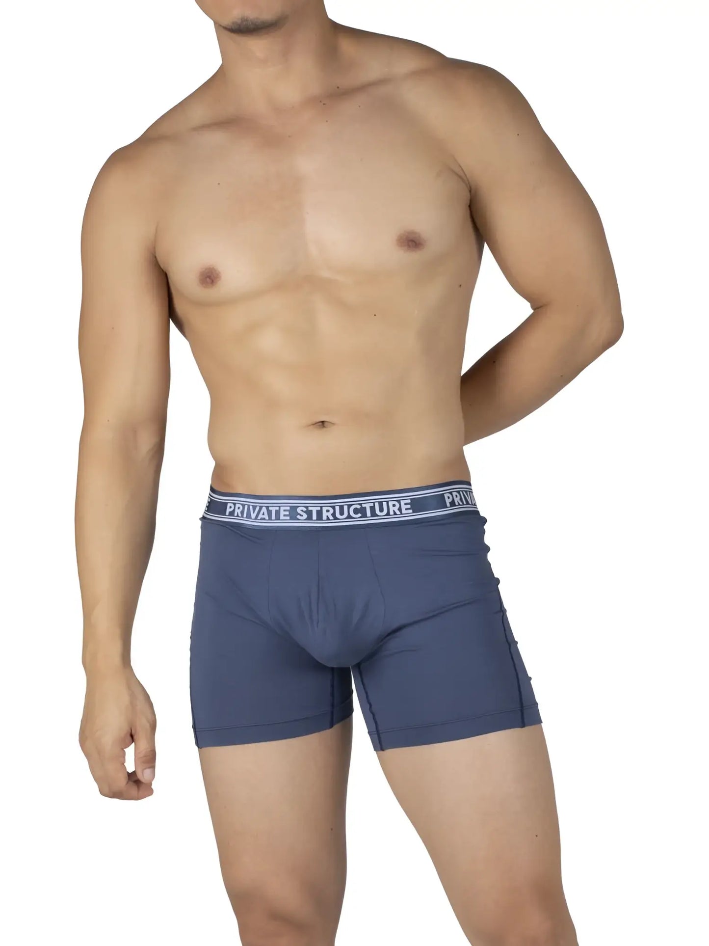 Men’s citadel blue bamboo mid waist boxer briefs with white private structure elastic waistband