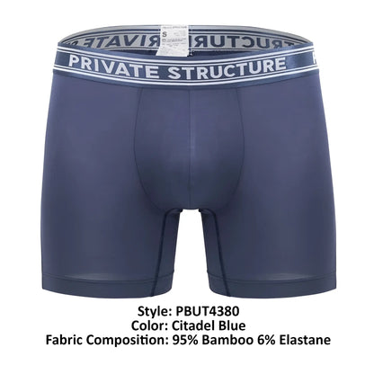 Navy blue men’s bamboo mid waist boxer briefs with white and gray elastic waistband branded private structure