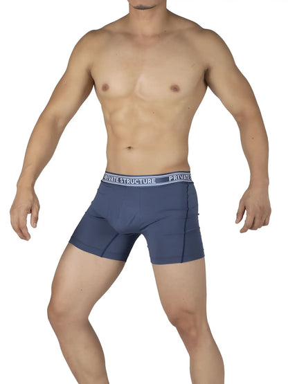 Navy blue private structure bamboo mid waist boxer briefs with white elastic waistband and black logo lettering