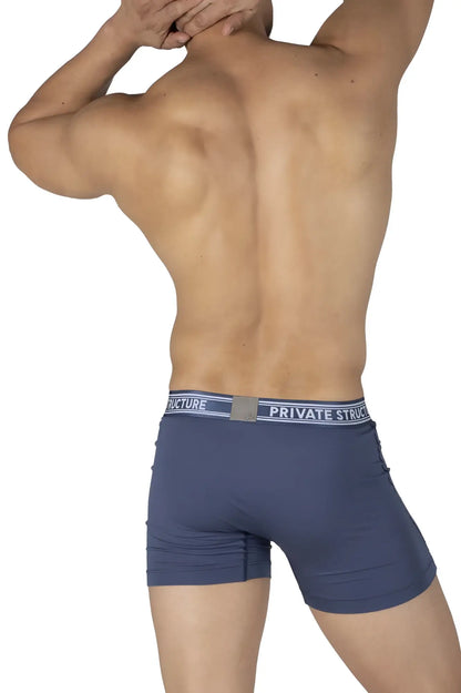 Navy blue private structure bamboo mid waist boxer briefs with white and gray branded elastic waistband