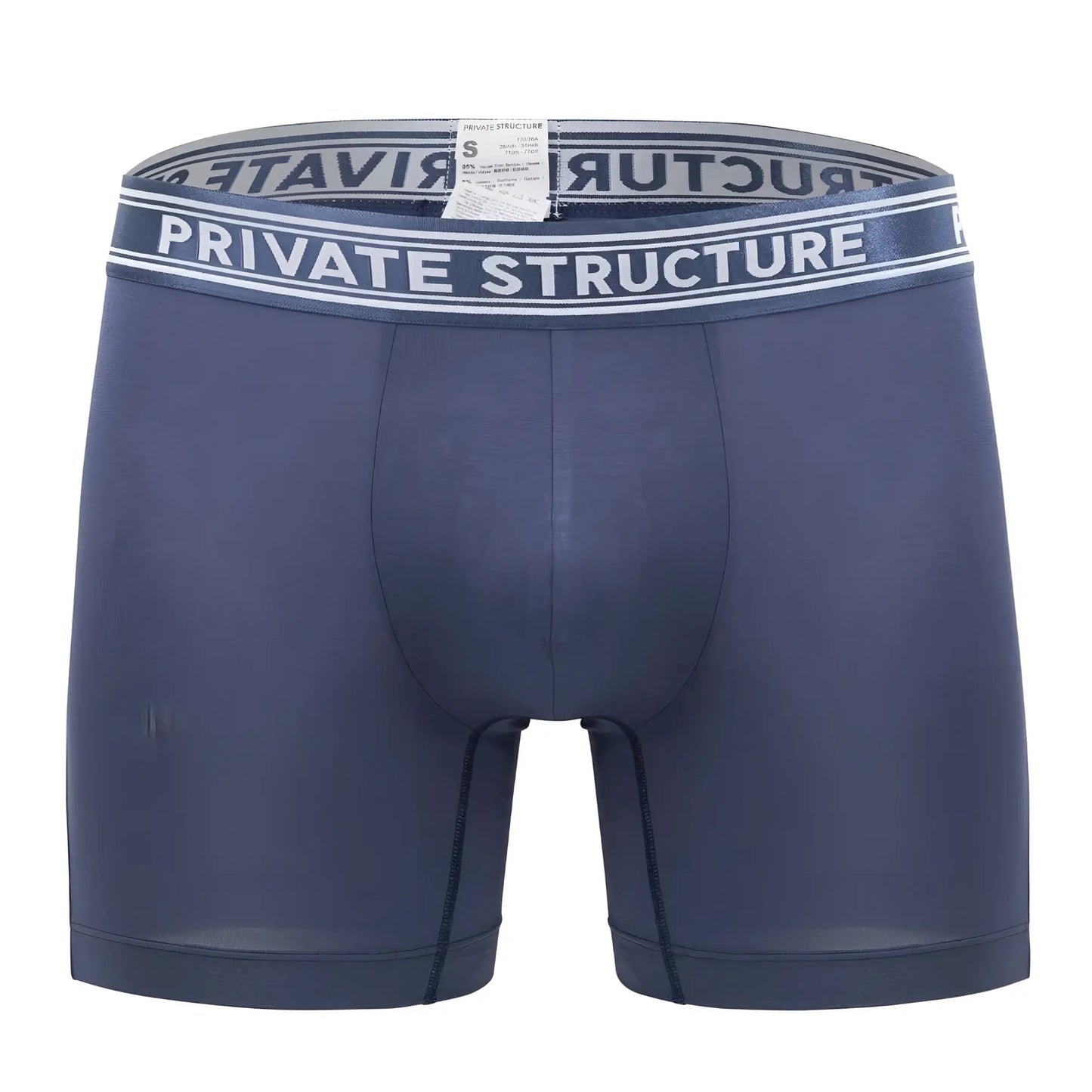 Dark blue private structure bamboo mid waist boxer briefs with gray waistband and white logo lettering in citadel blue