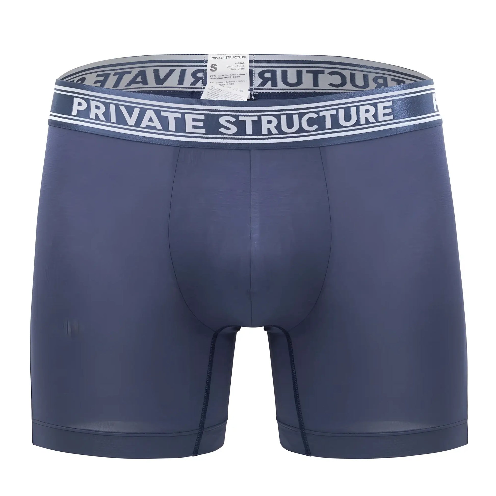 Dark blue private structure bamboo mid waist boxer briefs with gray waistband and white logo lettering in citadel blue