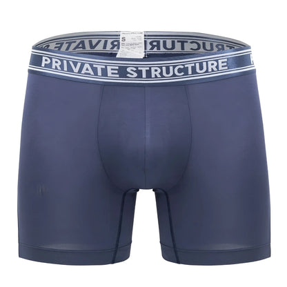Dark blue private structure bamboo mid waist boxer briefs with gray waistband and white logo lettering in citadel blue