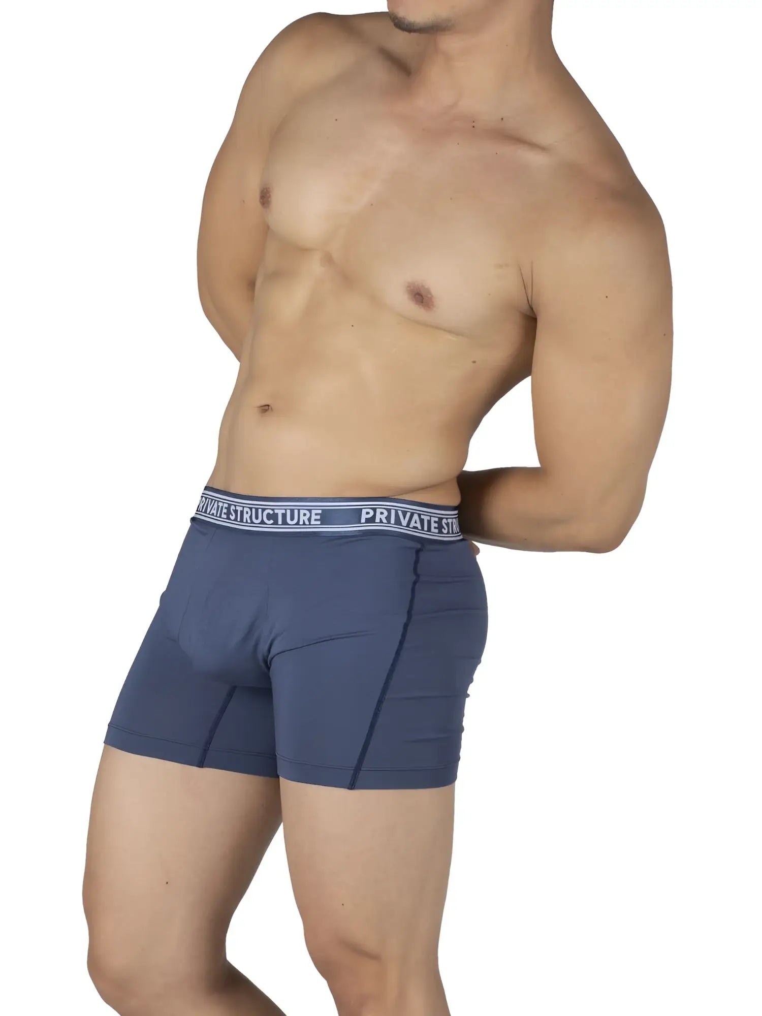 Blue private structure bamboo mid waist boxer briefs with white elastic waistband in citadel blue color