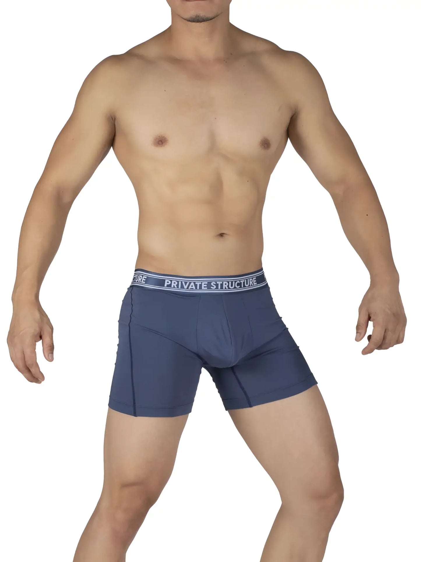Dark blue private structure bamboo mid waist boxer briefs with white branded elastic waistband color citadel blue