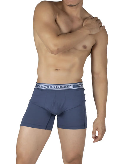 Men’s navy blue bamboo mid waist boxer briefs with white and gray private structure waistband in citadel blue