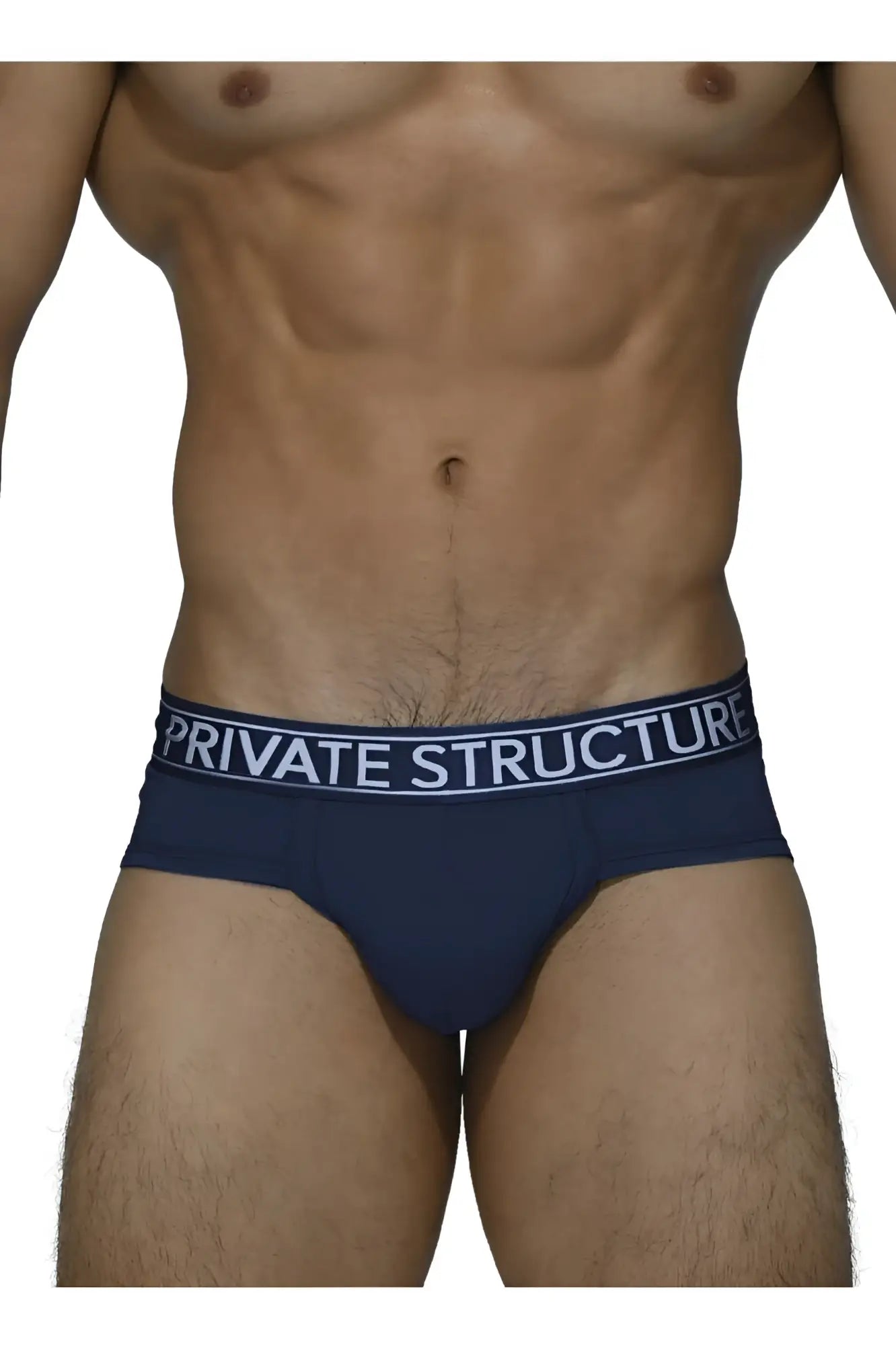 Navy blue men’s briefs with a white private structure waistband made from platinum bamboo fabric in midnight navy color