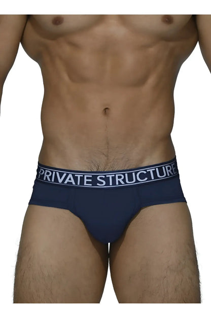 Navy blue men’s briefs with a white private structure waistband made from platinum bamboo fabric in midnight navy color
