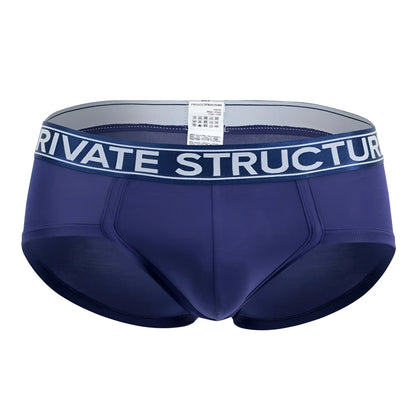Navy blue men’s briefs with a white private Structure waistband made from platinum bamboo fabric in midnight navy color