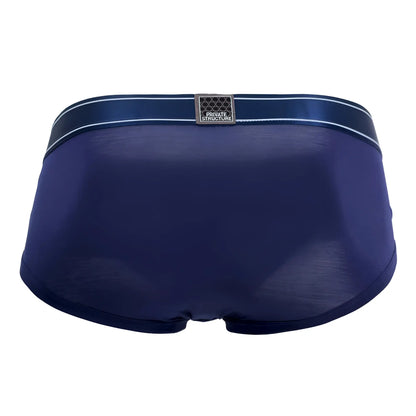 Deep navy blue men’s briefs with satin white striped waistband and metallic private structure brand patch