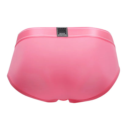 Pink satin briefs in blush with black private structure label on waistband platinum bamboo contour design