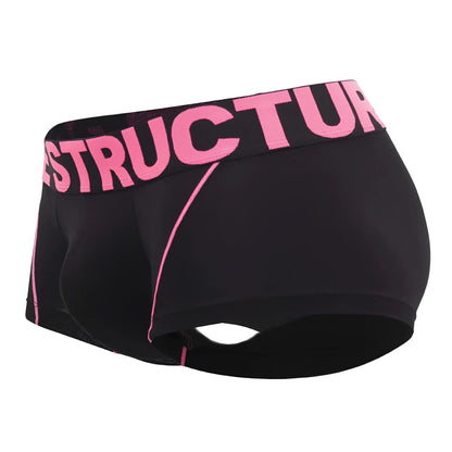 Black private structure pmux4182 modality trunks featuring bold pink structure waistband lettering and matching side stitching