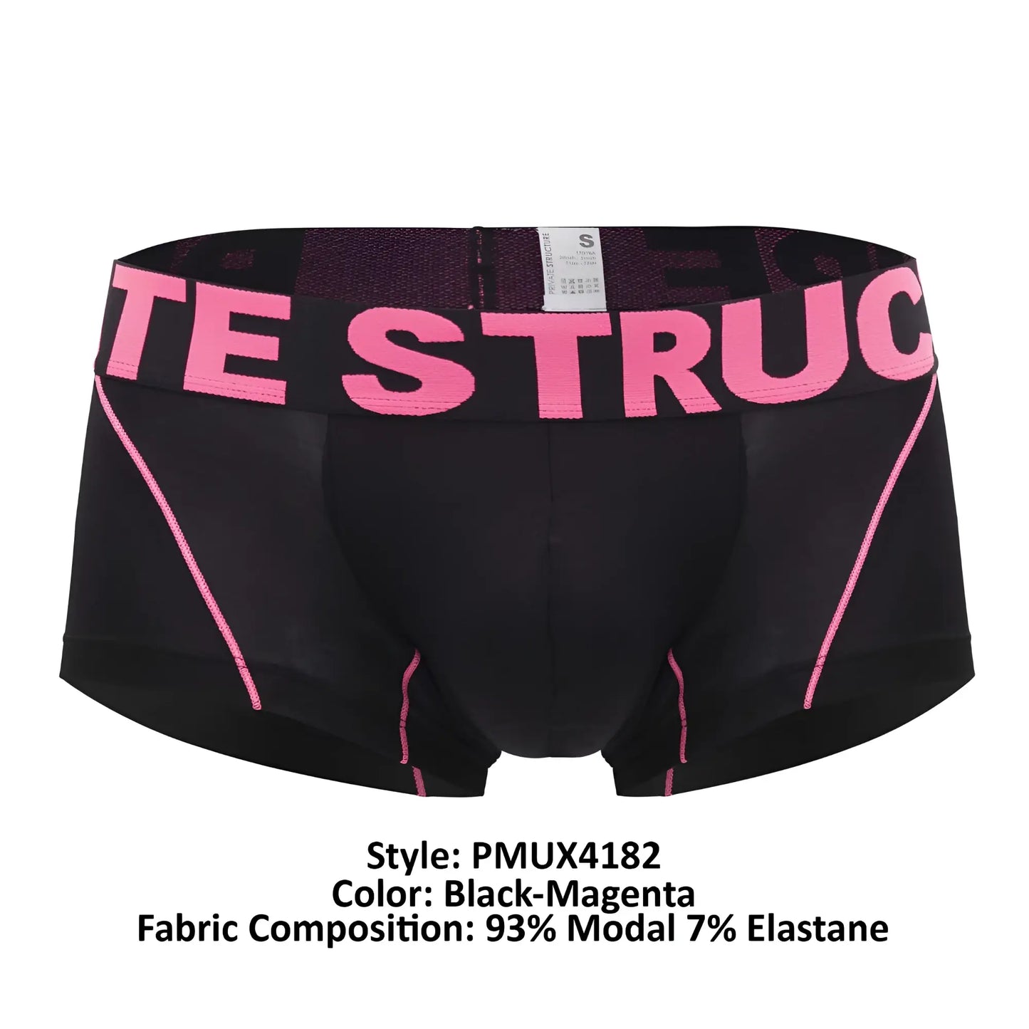 Black and magenta Private Structure PMUX4182 Modality trunks with bold pink lettering on the waistband