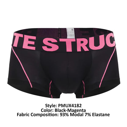 Black and magenta Private Structure PMUX4182 Modality trunks with bold pink lettering on the waistband