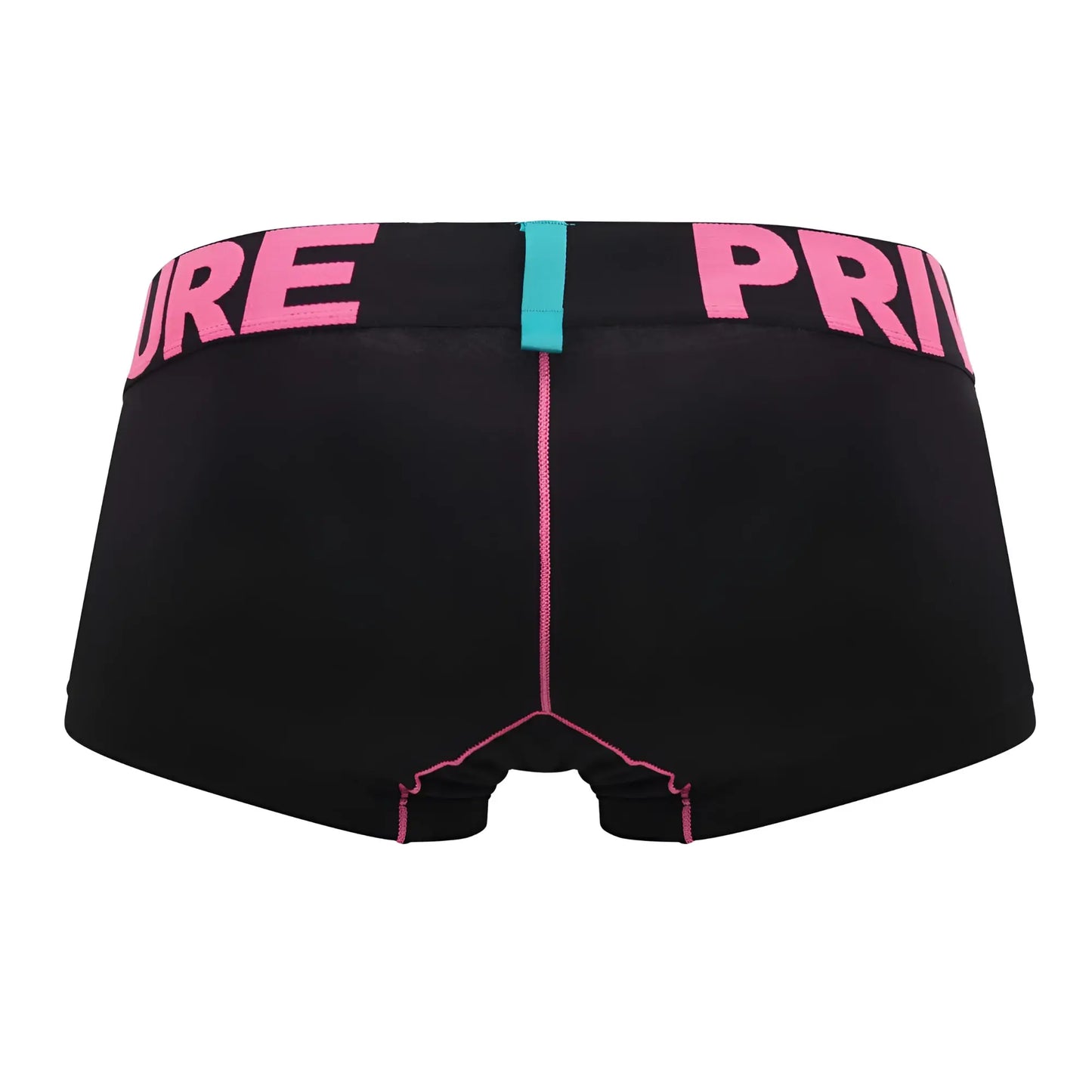 Black modality trunks by private structure with bold pink waistband lettering and matching stitching details