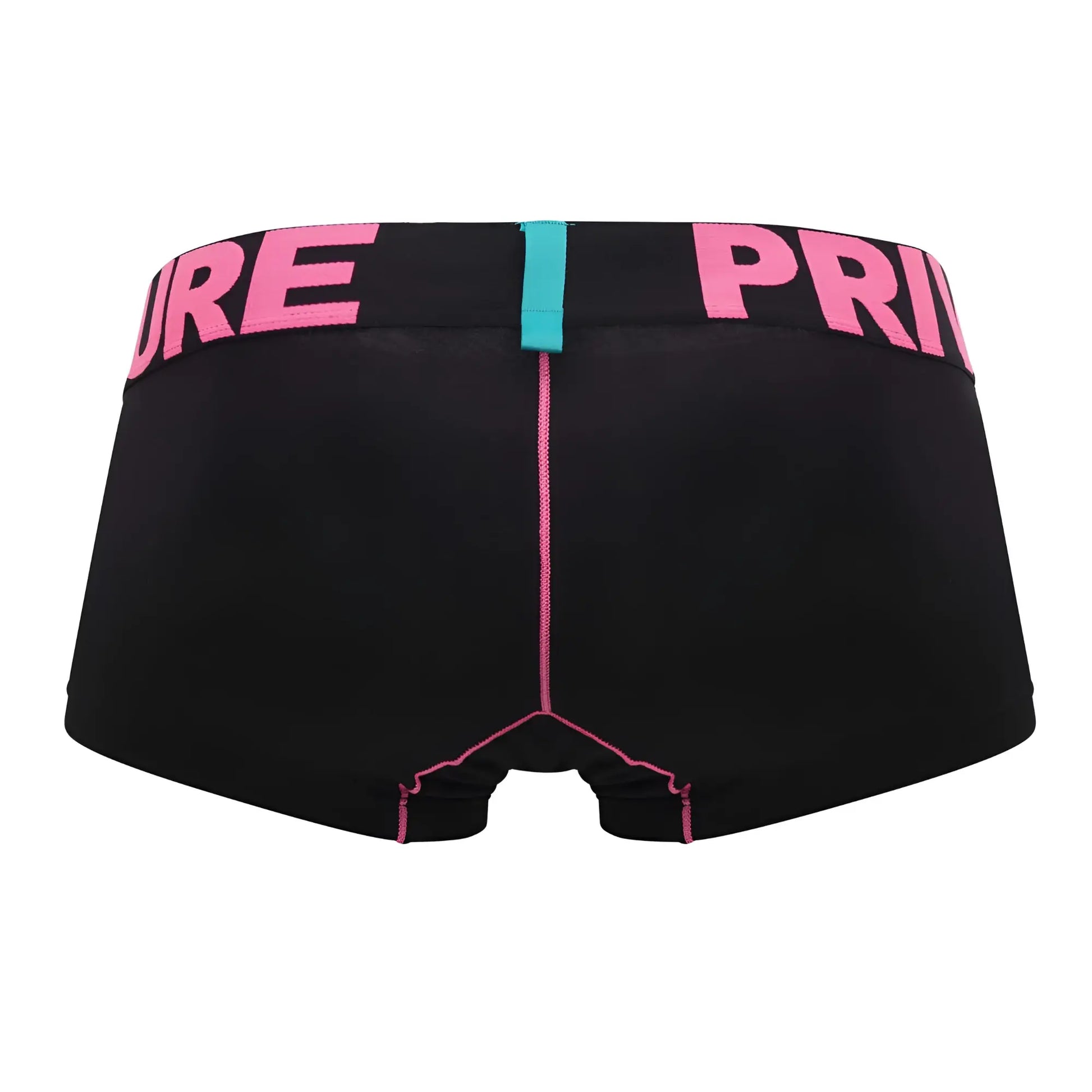 Black modality trunks by private structure with bold pink waistband lettering and matching stitching details