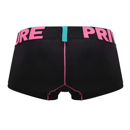 Black modality trunks by private structure with bold pink waistband lettering and matching stitching details