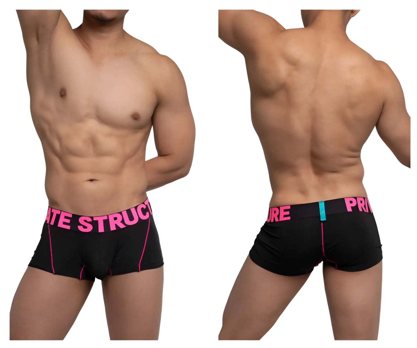 Black private structure pmux4182 modality trunks boxer briefs with vibrant pink trim and bold branding waistband