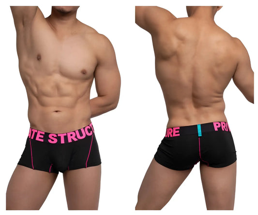 Black private structure pmux4182 modality trunks boxer briefs with vibrant pink trim and bold branding waistband