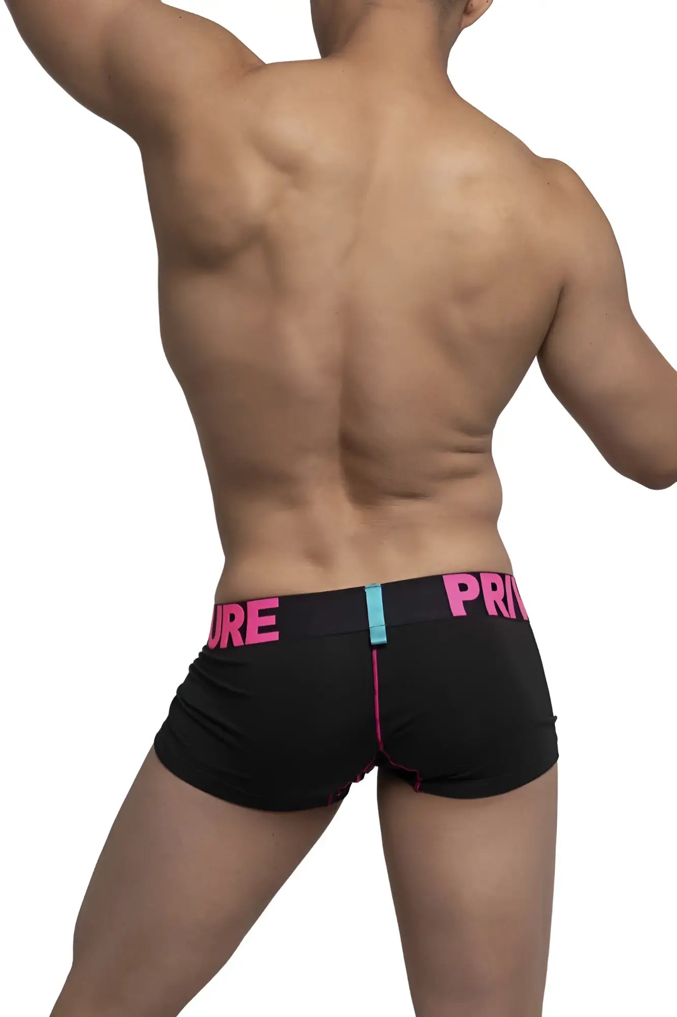Black men’s briefs Private Structure PMUX4182 with bold pink pure waistband lettering and teal vertical stripe