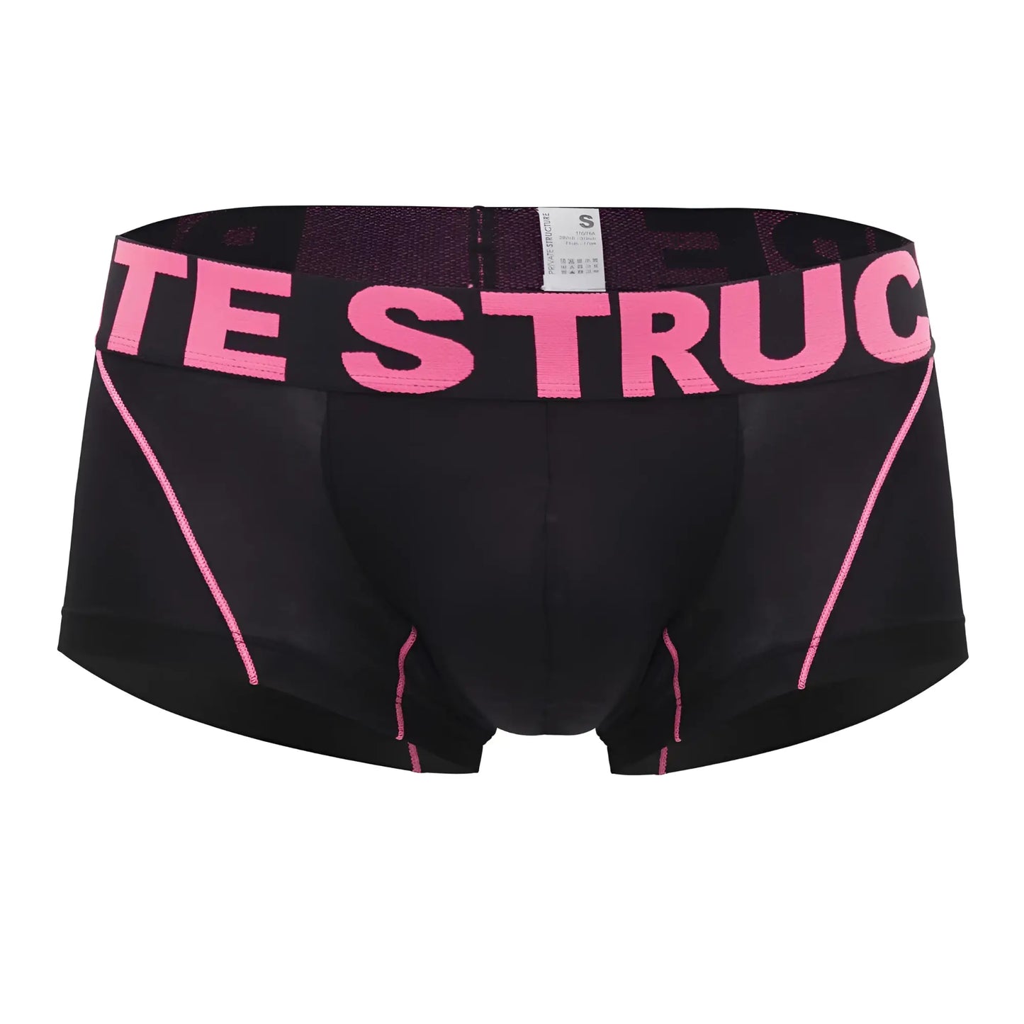 Private structure pmux4182 modality trunks black mens boxer briefs with pink lettering and stitching front view