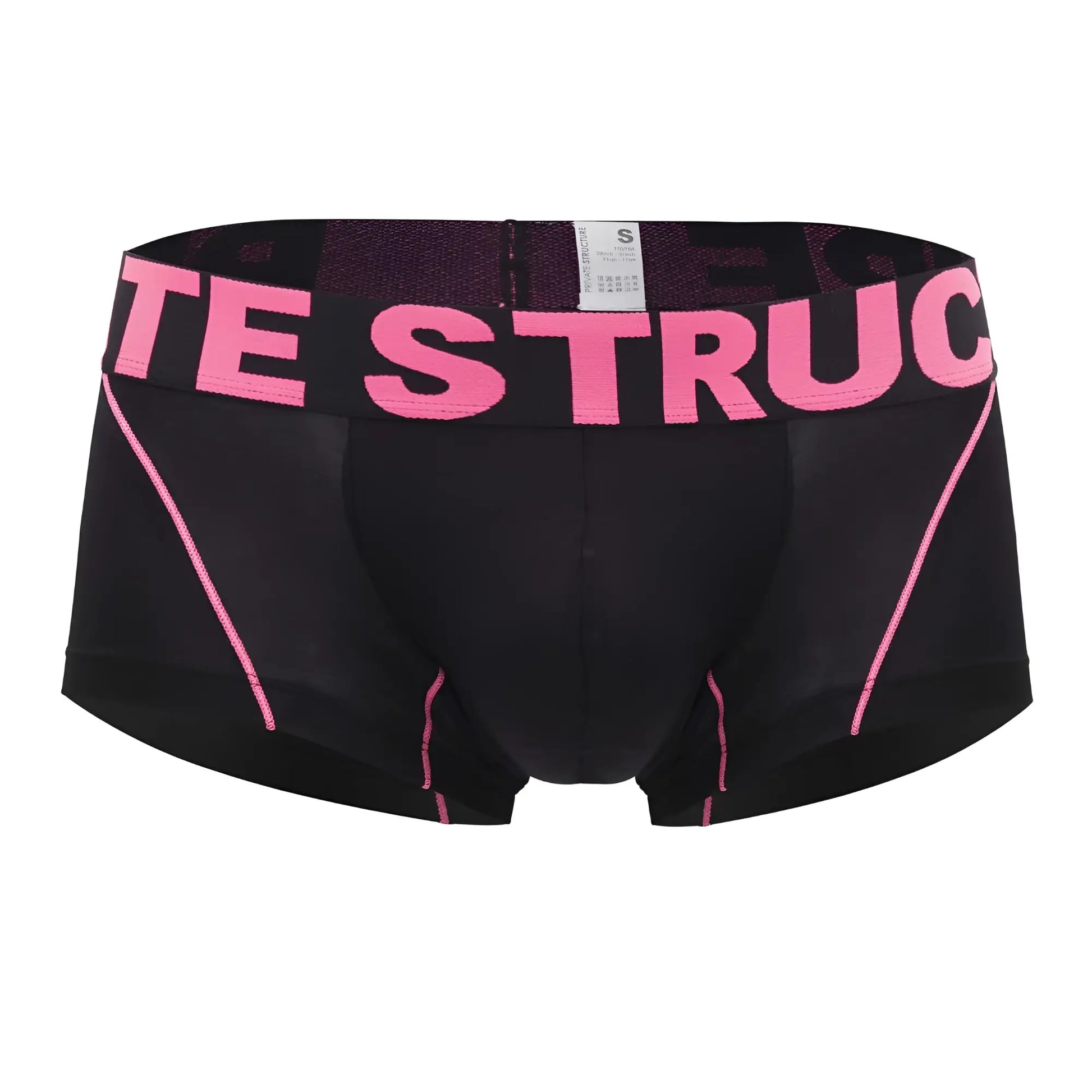Private structure pmux4182 modality trunks black mens boxer briefs with pink lettering and stitching front view