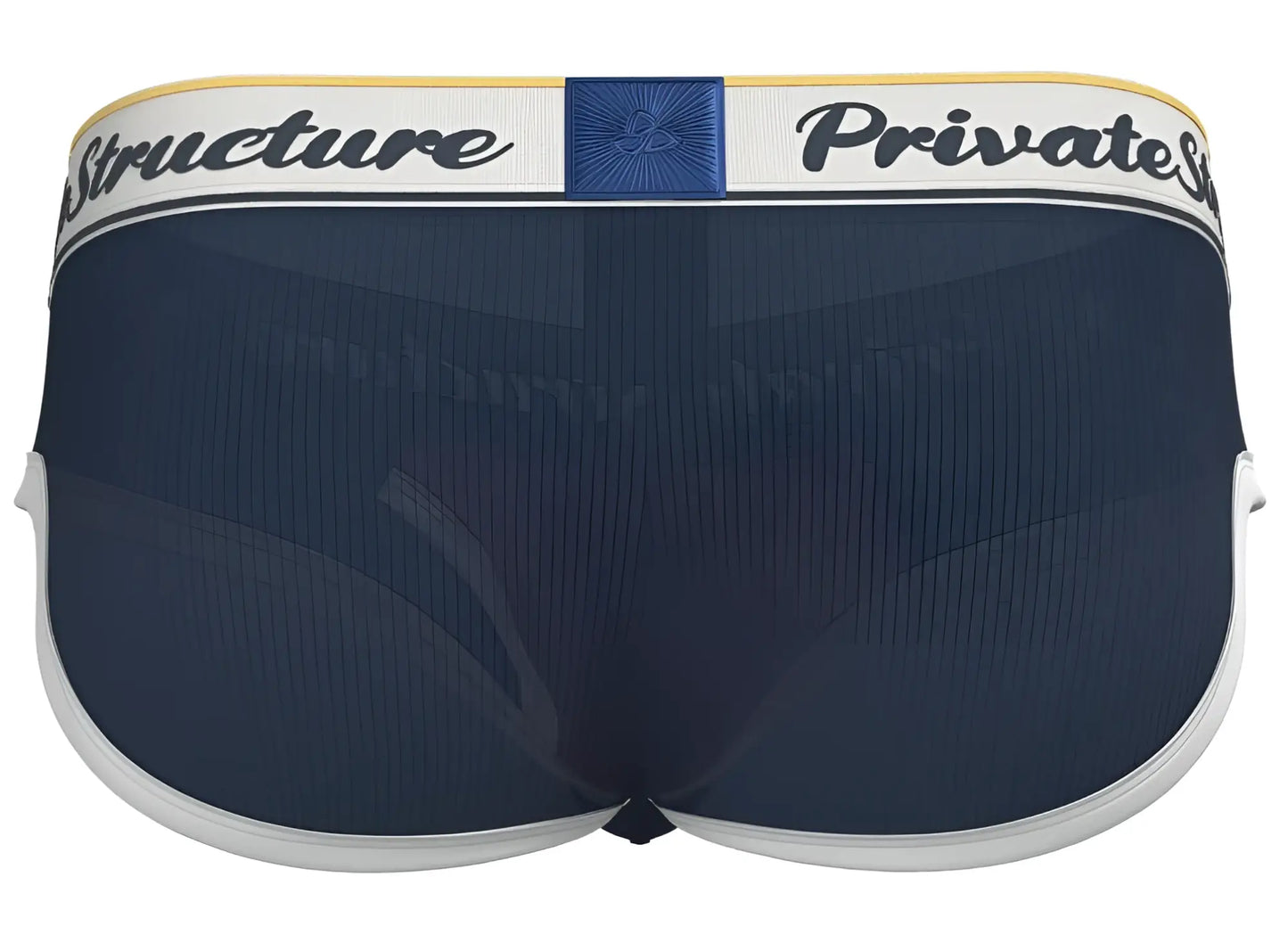Navy blue mesh mid waist mini briefs with white trim and branded waistband featuring structure private stock text
