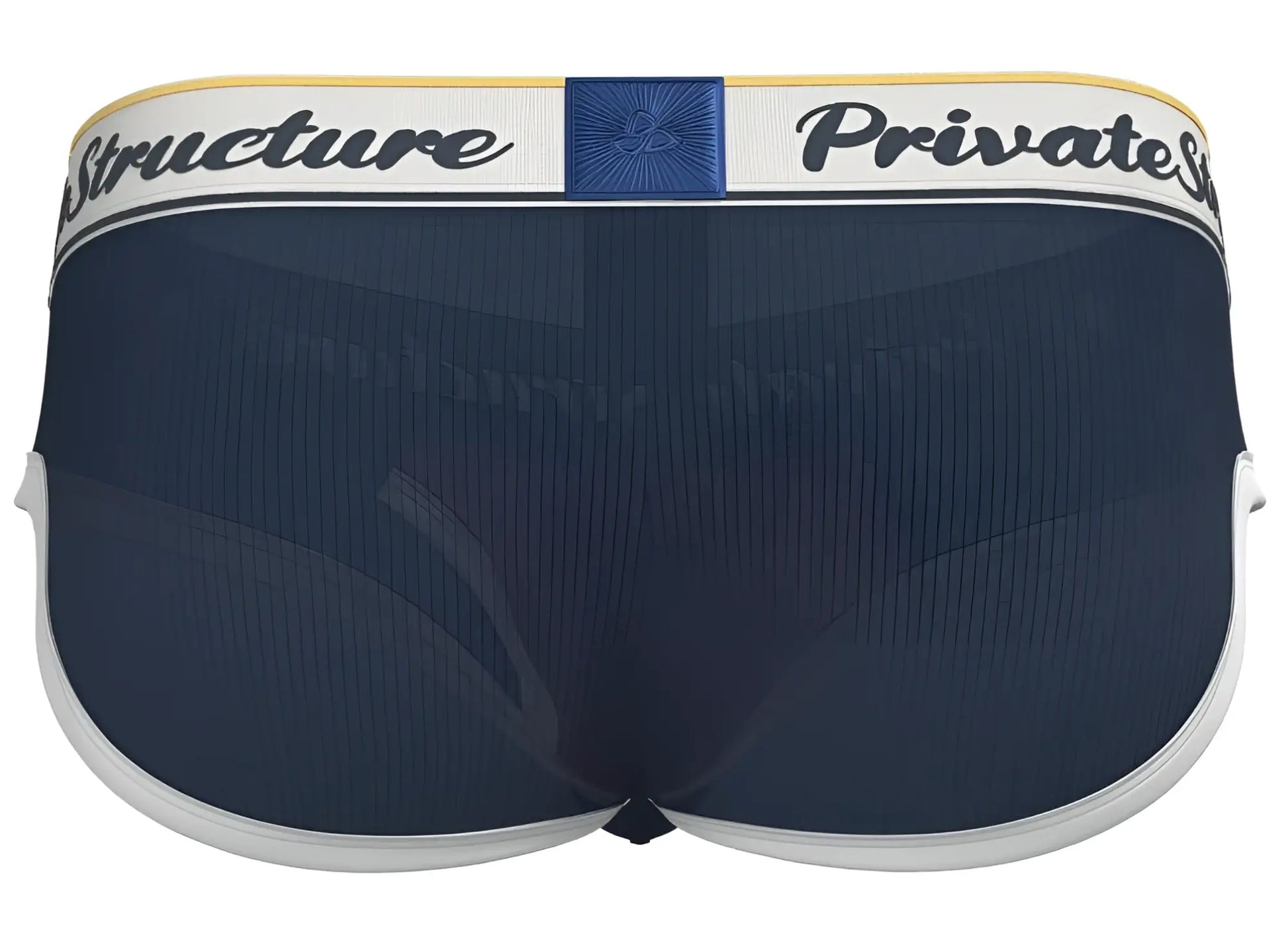 Navy blue mesh mid waist mini briefs with white trim and branded waistband featuring structure private stock text