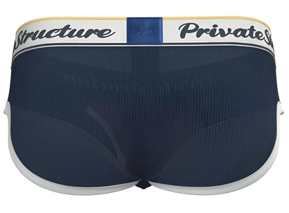 Navy blue mesh mid waist mini briefs with white trim and branded waistband featuring structure private stock text