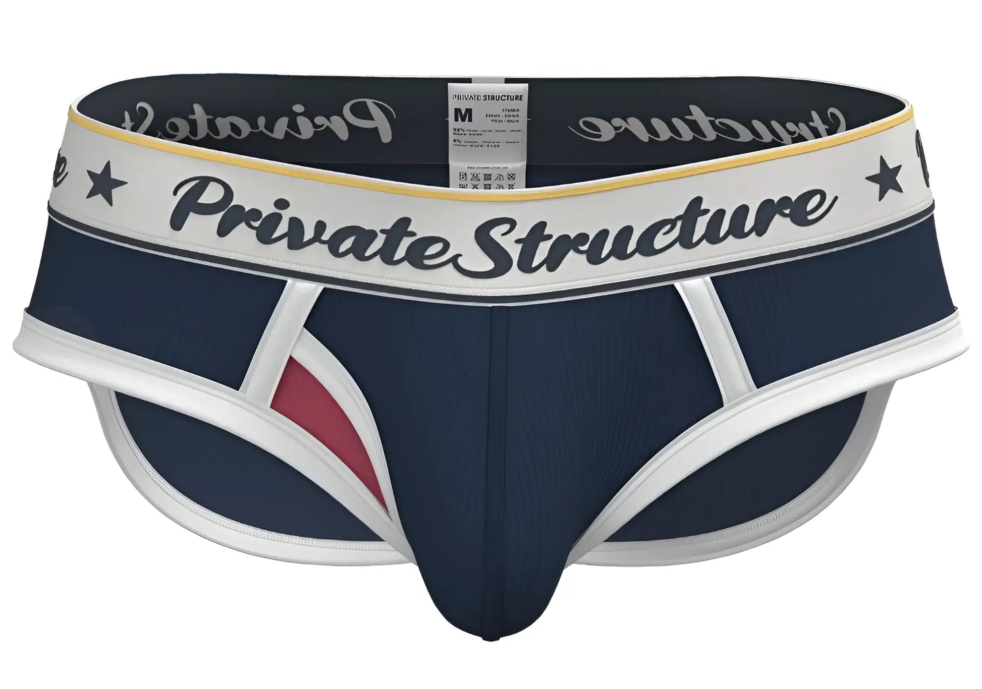Navy blue and white private structure classic mid waist mini brief with red accent and black script waistband