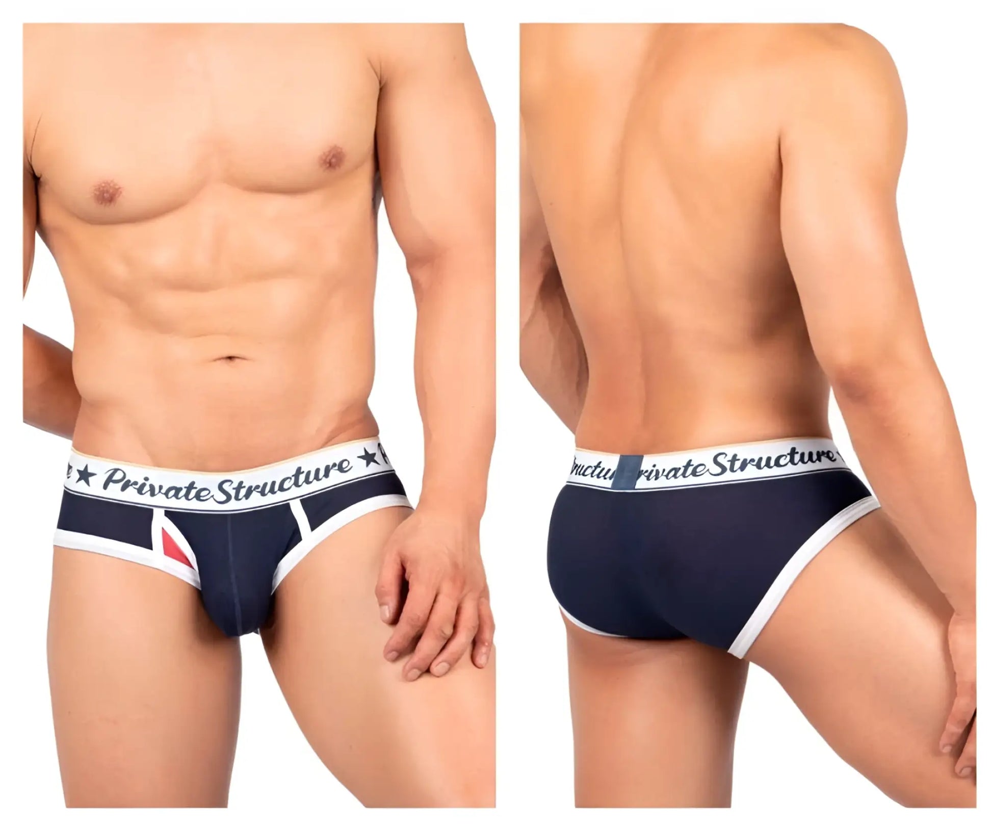 Navy blue and white classic mid waist men’s briefs with private structure branded waistband in cotton blend material