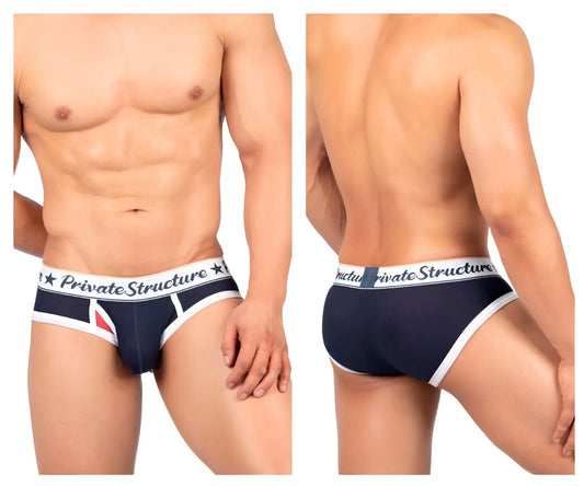 Navy blue and white classic mid waist men’s briefs with private structure branded waistband in cotton blend material