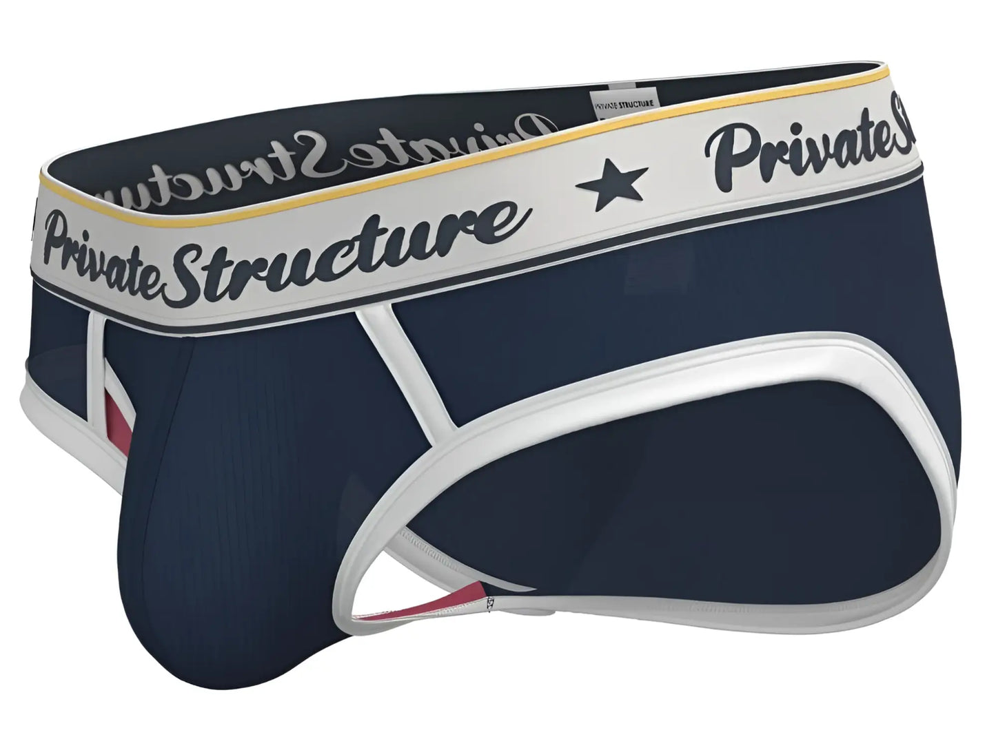 Navy blue and white men’s classic mid waist mini briefs with branded private structure waistband in black script