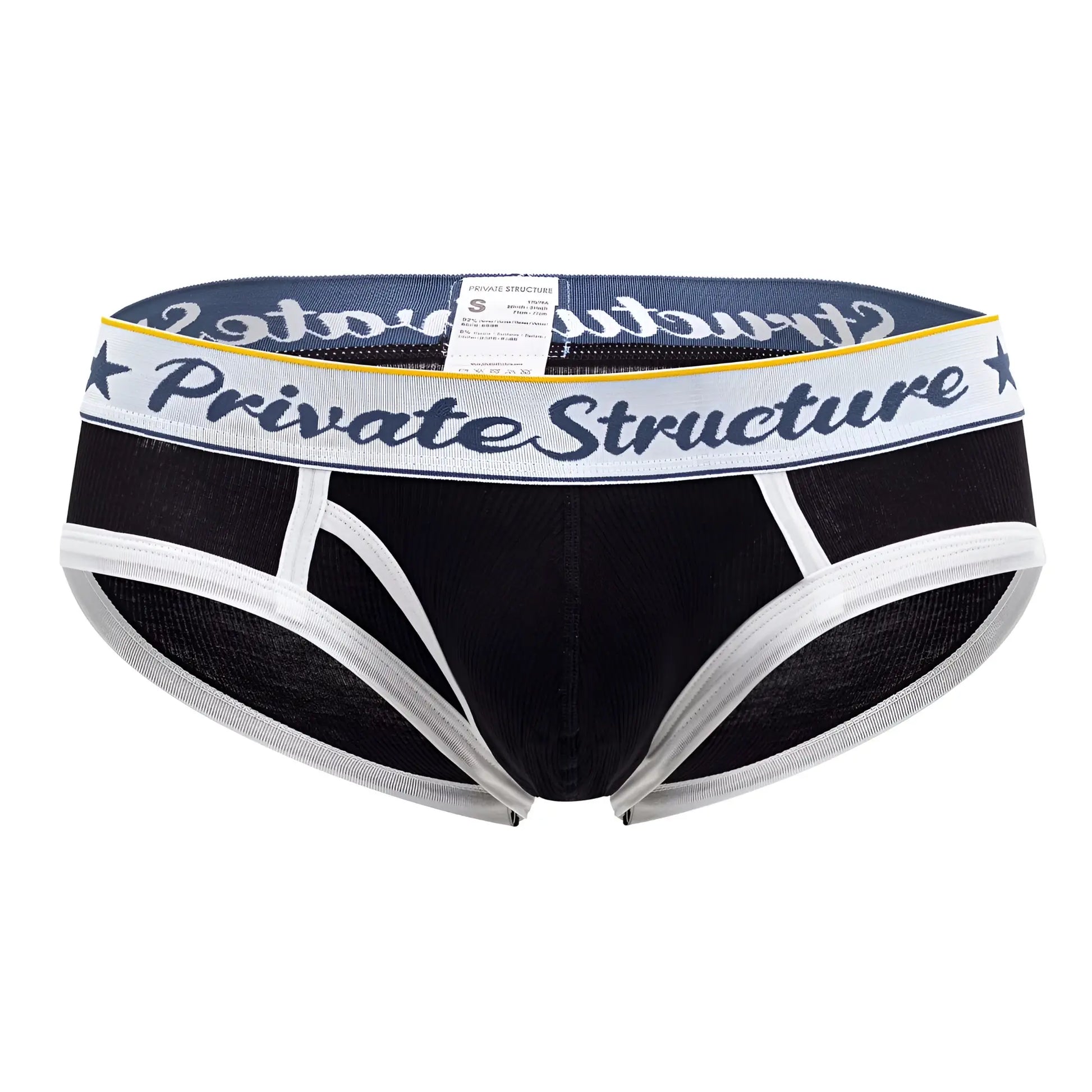 Black private structure mid waist mini briefs with white trim and navy waistband featuring dark gray logo script