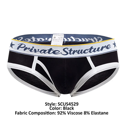 Black private structure mid waist mini briefs with navy waistband star motifs and yellow trim scus4529 classic design