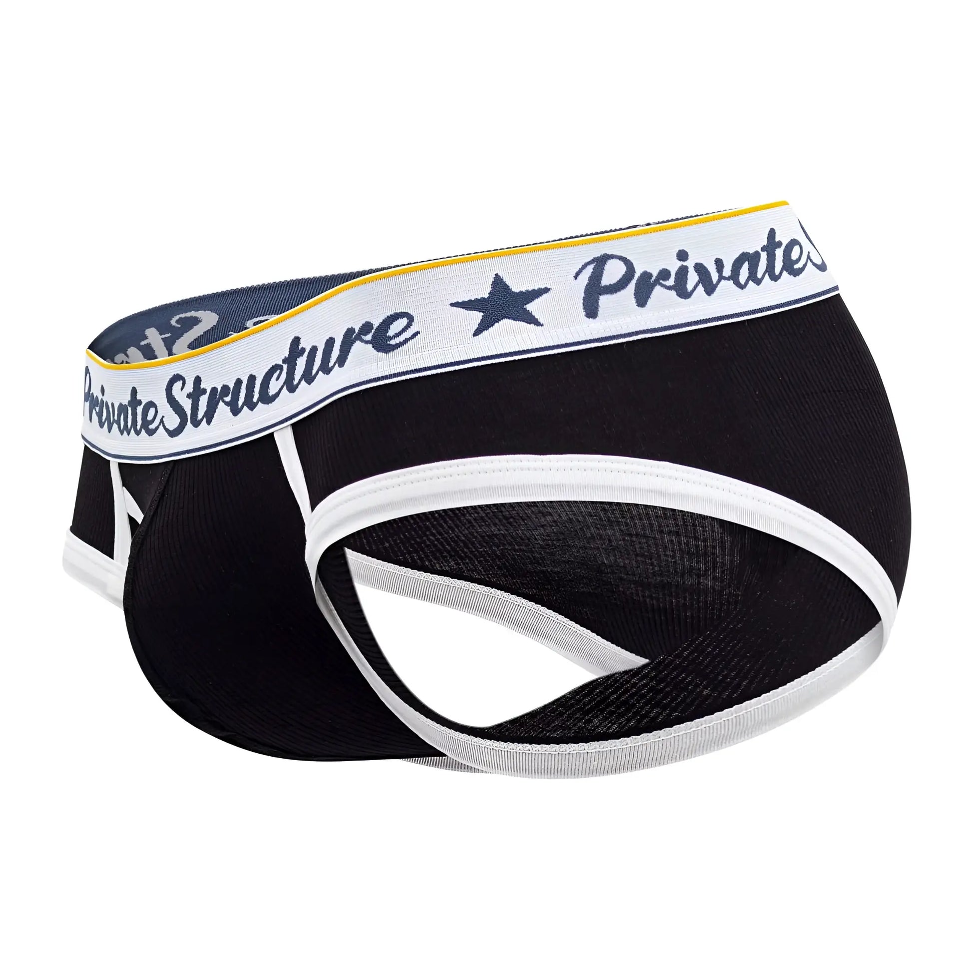 Black and white mens mid waist mini briefs with navy waistband and yellow trim by private structure