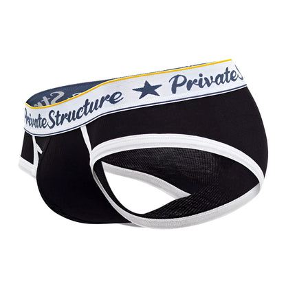 Black and white mens mid waist mini briefs with navy waistband and yellow trim by private structure