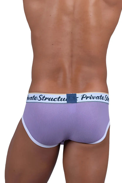 Lavender ribbed mid waist mini briefs with white trim and branded waistband from Private Structure in purple
