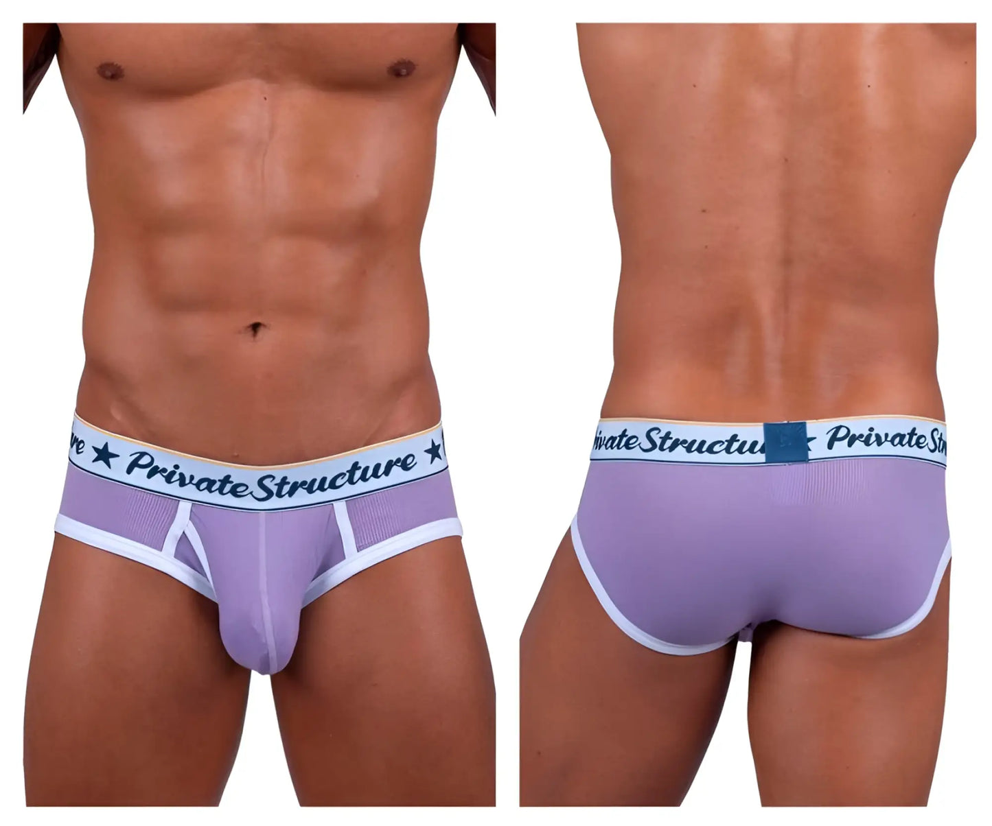 Lavender mesh mid waist mini briefs with white trim and private structure branding on waistband purple color