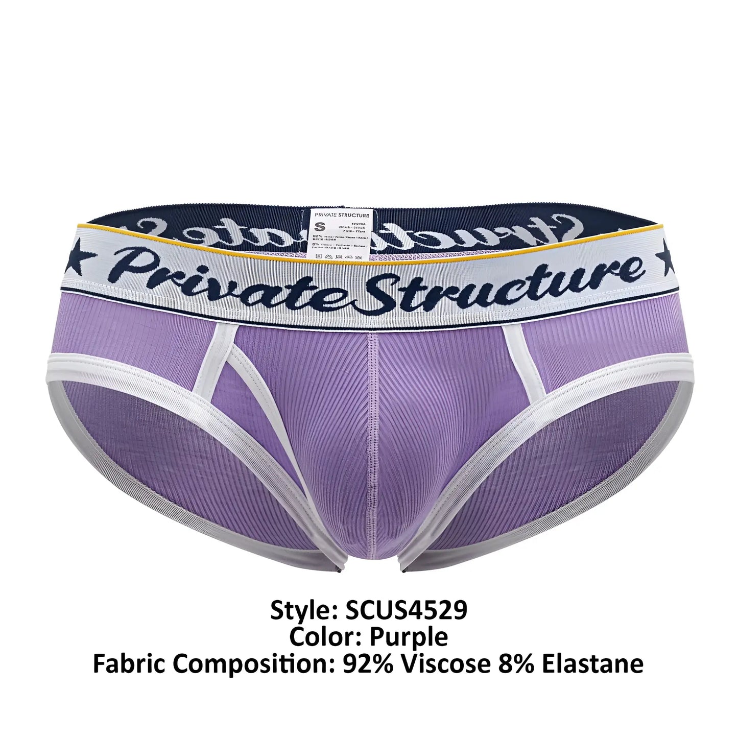 Purple private structure scus4529 classic mid waist mini briefs with white and navy elastic waistband in black script