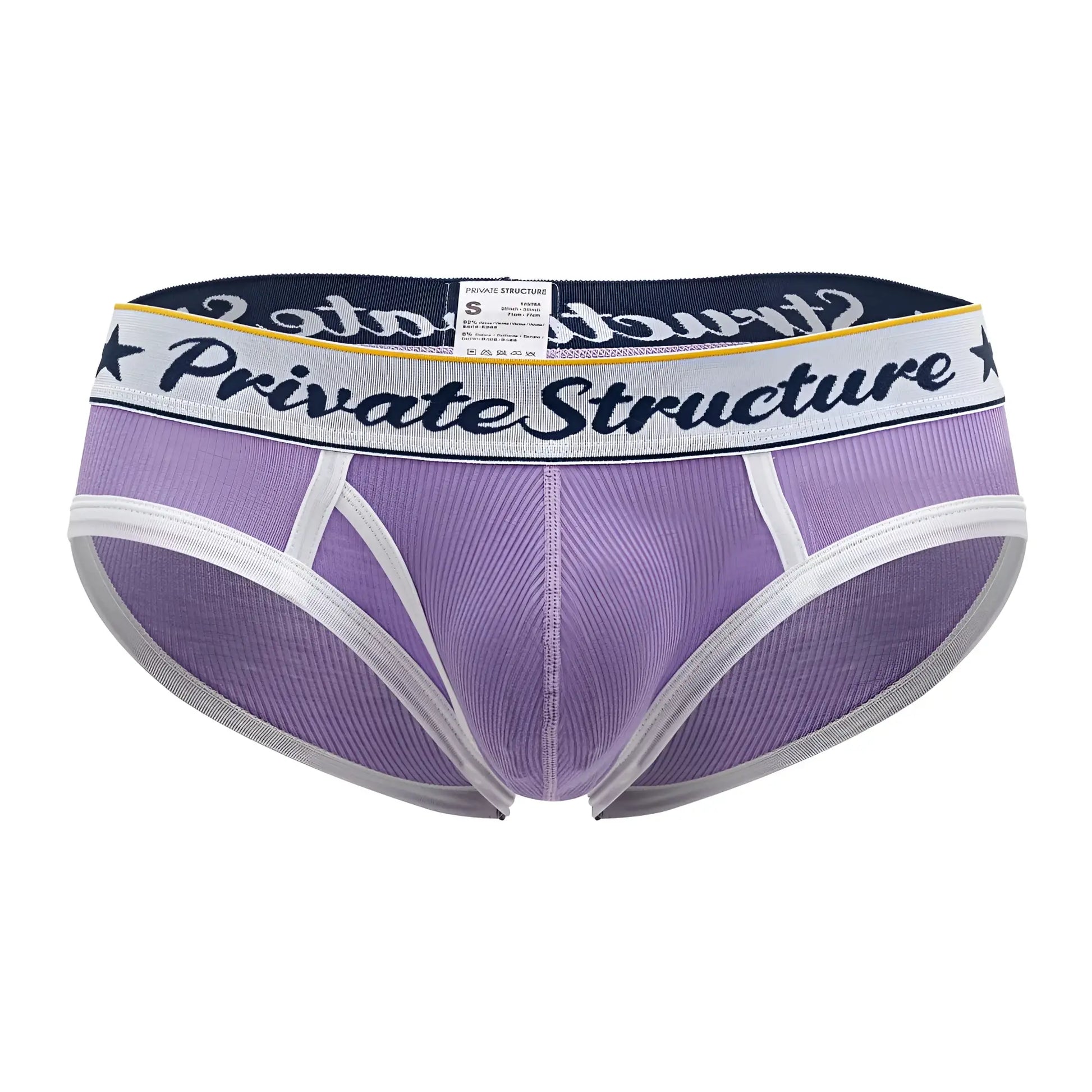 Purple men’s mid waist mini briefs with white and navy trim featuring private structure logo on white waistband