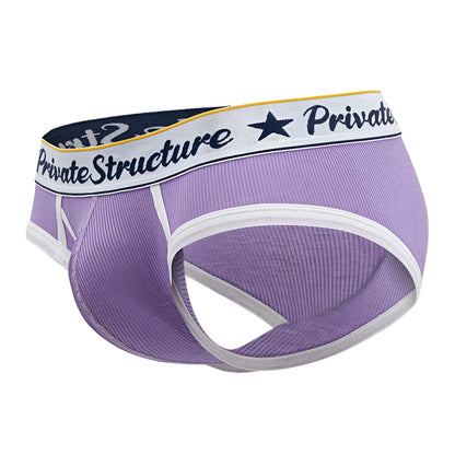 Purple ribbed men’s briefs with white trim and private structure waistband classic mid waist mini briefs