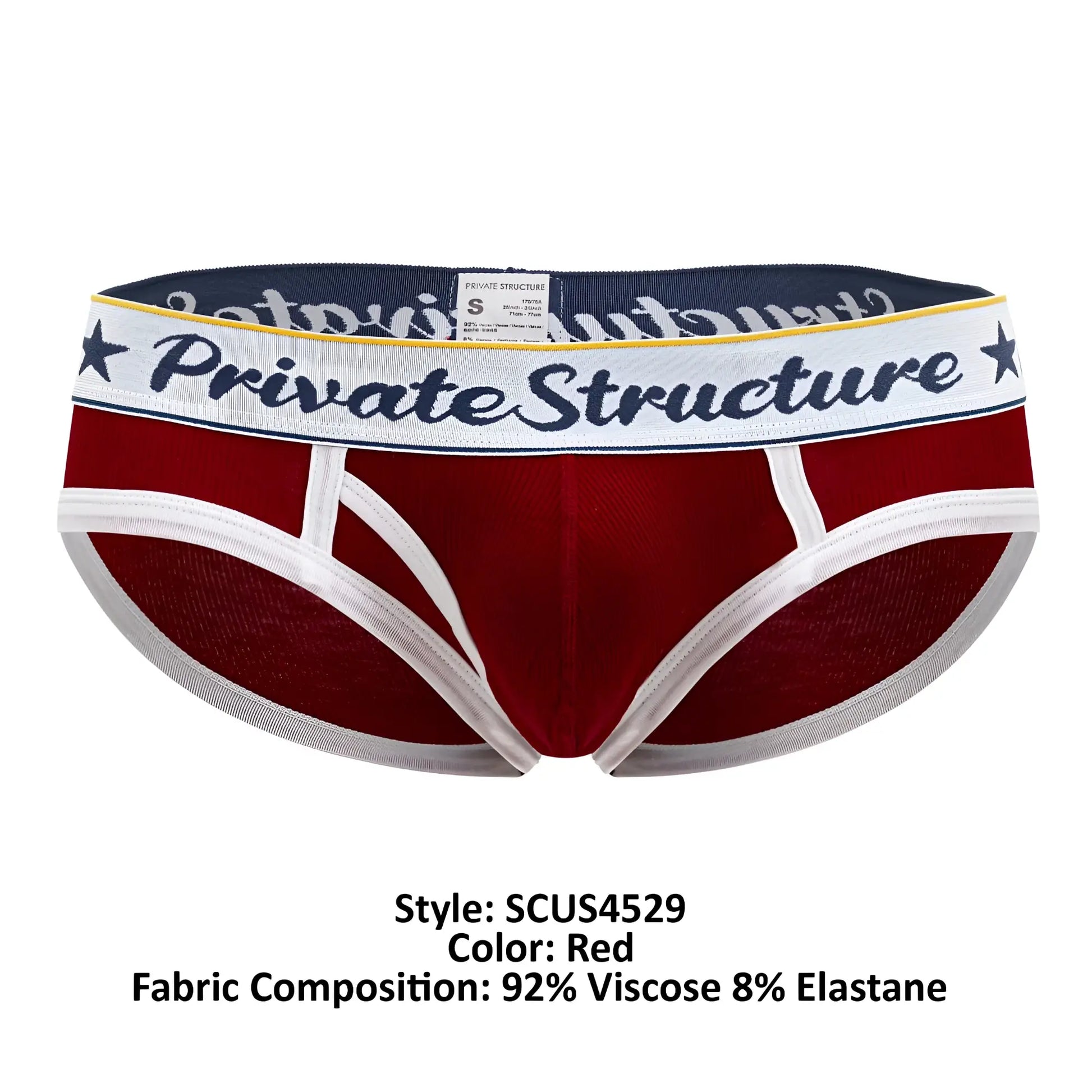 Red private structure classic mid waist mini briefs with white trim and navy blue waistband logo in dark lettering