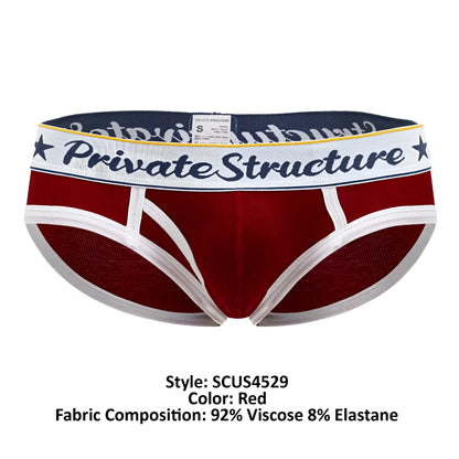 Red private structure classic mid waist mini briefs with white trim and navy blue waistband logo in dark lettering