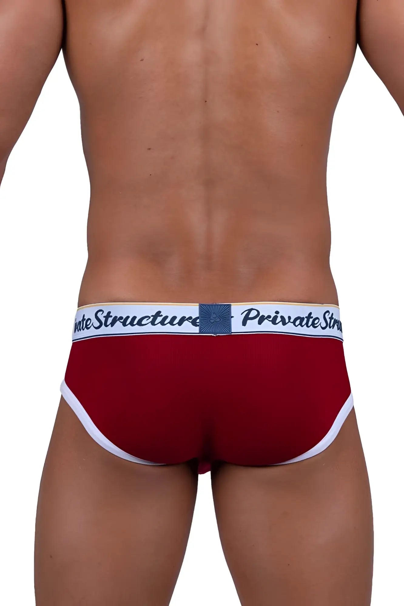 Red private structure classic mid waist mini briefs with white trim and blue logo waistband for men