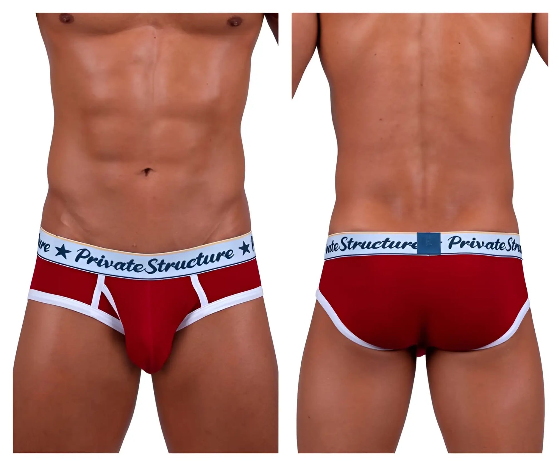 Red men’s briefs with white trim and private structure waistband classic mid waist mini briefs red color