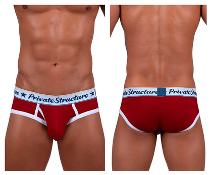 Red men’s briefs with white trim and private structure waistband classic mid waist mini briefs red color