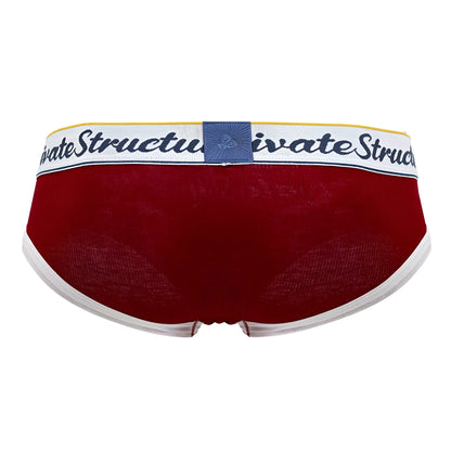 Red private structure classic mid waist mini briefs with white elastic waistband and navy logo in cotton blend material