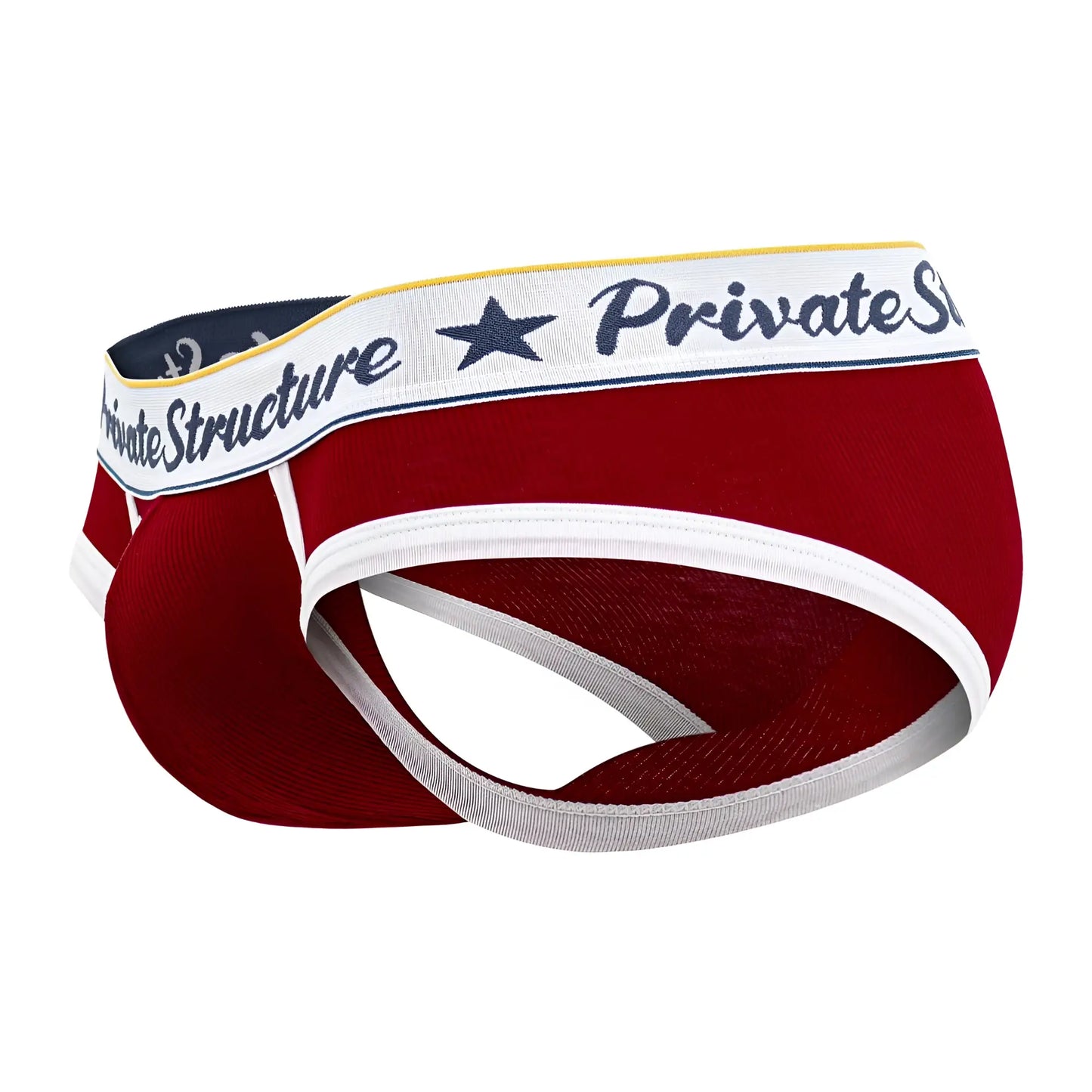 Red and white private structure classic mid waist mini briefs with navy star logo on waistband and black script branding